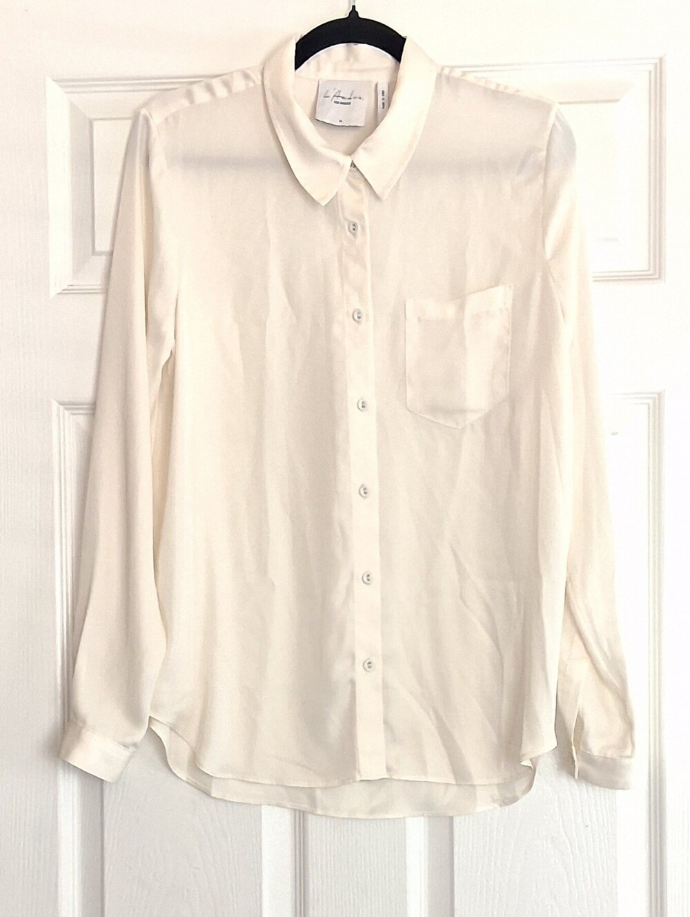 L'academie Cream Button Up Satin Long Sleeve Blouse